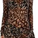 ZGMYC Women's Sheer Mesh Leopard Print Mini Dress Sexy High Neck Long Sleeve Short Dress Tie Waist Beach Cover Up Dress Small