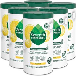 Seventh Generation Multi Surface Wipes All Purpose Cleaning Lemon Zest scent with 100% Essential Oils and Botanical Ingredients 70 count, Pack of 6