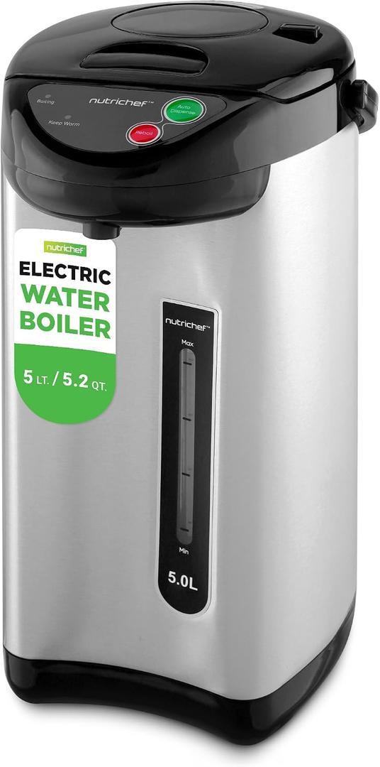 NutriChef 5.2 Qt Electric Water Kettle, Portable, Quick Heating, 5 Liter Digital Kettle with 5 Temperature Settings, Safety Lock, Stainless Steel, 3 Dispensing Options, 8.46" x 11.2" x 16.5"