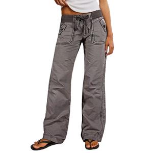 Flamingals Straight Leg Pants for Women Drawstring Waist Mid Rise Casual Solid Seam Detail Pants Gray M