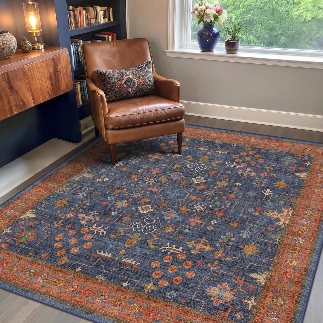 Navy Blue Square Area Rug 6x6 for Reading Corner - Washable Carpet for Living Room, Vintage Boho Geometric Floral & Low Pile Non-Slip (6x6 Navy Blue)