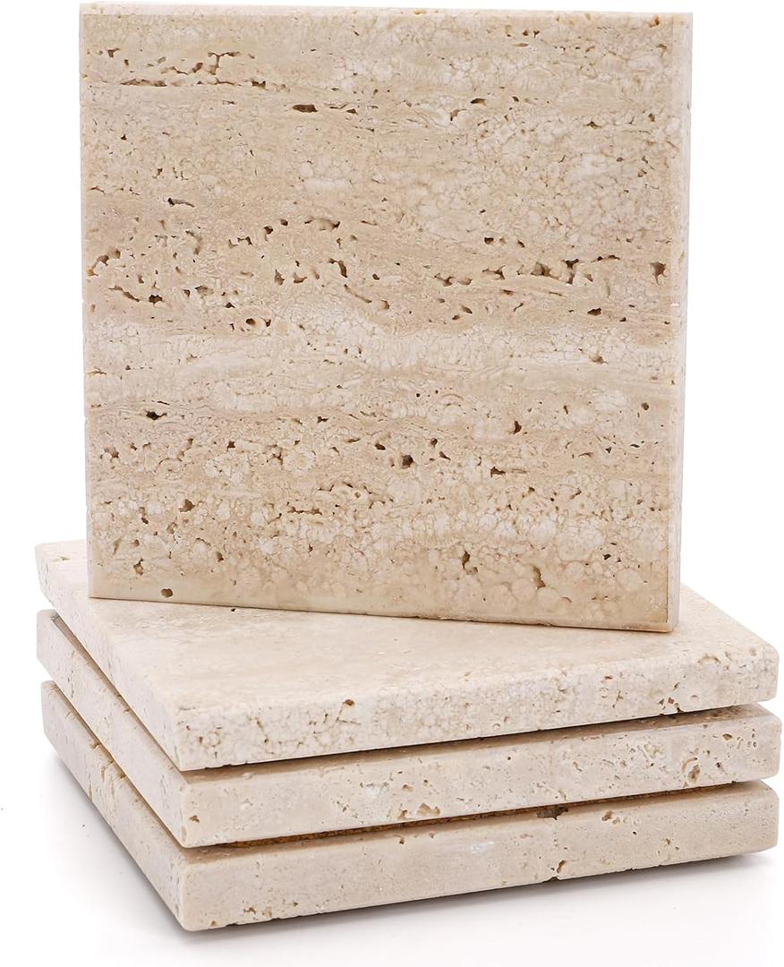 4 Pack Travertine Coaster, 4" Absorbent Marble Coaster with Cork Pad, Stone Bar Drink Coasters, Limestone Coffee Cup Coasters for Kitchen Tabletop Office Home Decor Housewarming Gift, Beige