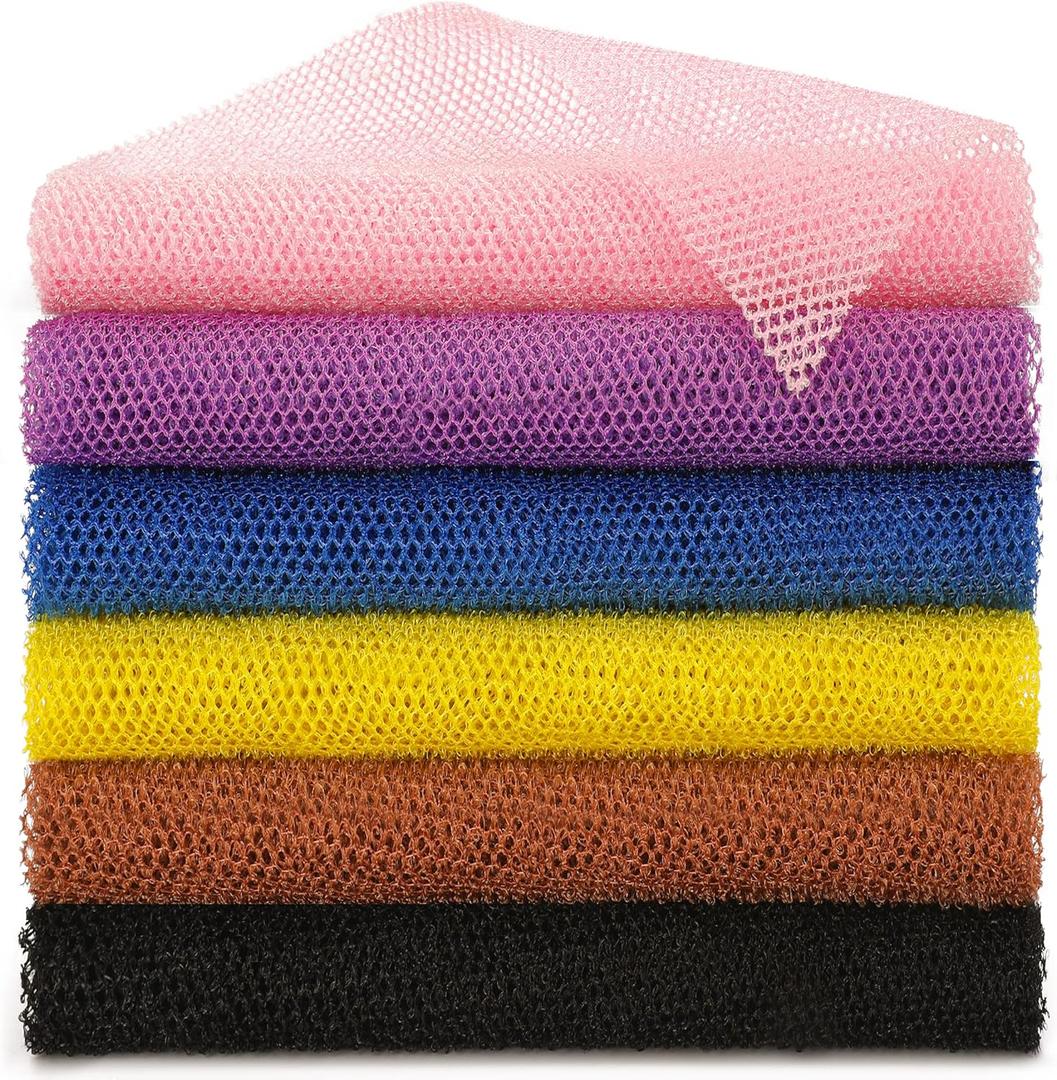 BHYTAKI 6 Pieces African Net Sponge African Exfoliating Net Long African Bath Sponge Washcloth Shower Net African Body Scrubber Net for Skin Smoother Daily Use (Pink, Yellow, Purple, Black, Blue, Brown), Pack of 6