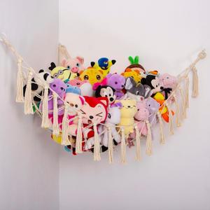 Stuffed Animals Hammock Corner Hanging Net with Wooden Beads Macrame Stuffed Animal Storage Ideas Plush Holder Toy Organizer for Boho Nursery Playroom Bedroom Kids Room Decor (cream, X-Large)