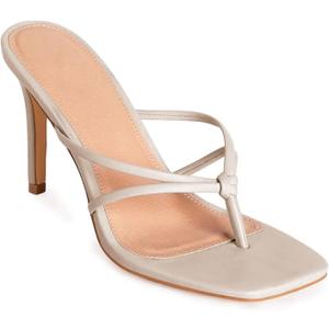 Coutgo Womens Heeled Sandals Strappy Square Toe Flip Flops Fashion Thong Slip on Stiletto Sandals (6, Beige)