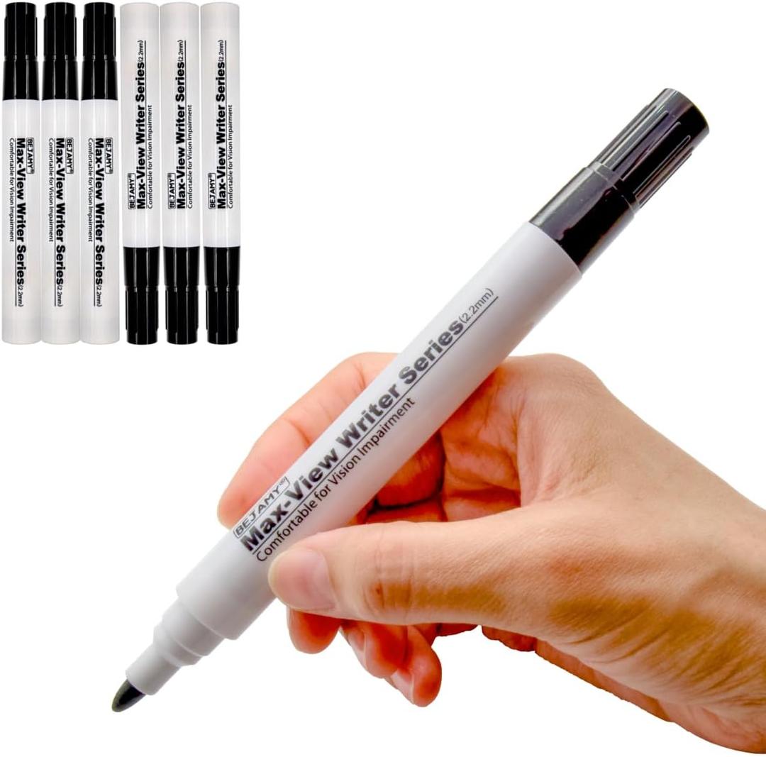 (Bullet Tip-2.2mm,PACK of 6,Black Water-Based ink) Max-View Writer Bold Writing Pen, Low Vision Assistive Writing Tool for Visual Impairment,Odorless,Non-Toxic,No Oil,Alcohol Free