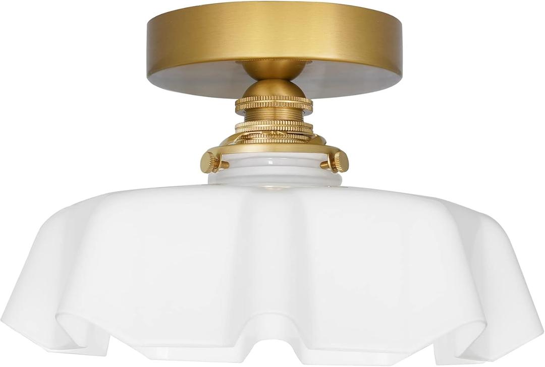 9.4in Vintage Brass Gold Semi Flush Mount Ceiling Light with Milk White Glass Shade, Farmhouse Antique Ceiling Lighting Fixture for Hallway Closet Small Room Kitchen Entryway Porch, Bulb Not Included