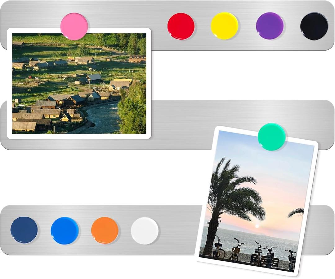 Magnetic Board Strips, 3PCS Frameless Stainless Steel Metal Magnet Bulletin Board Bars with Adhesive Backing, Includes 10 Colorful Magnets, Memo Message Board Strip for Wall Home Office School