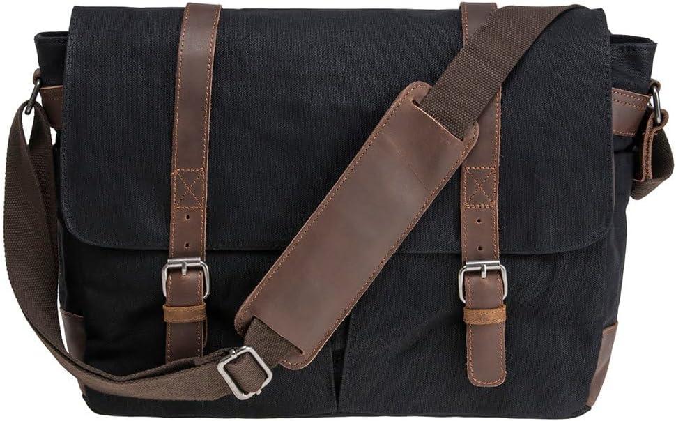 Vintage Genuine Leather Waxed Canvas Briefcase Large Satchel Shoulder Bag Rugged Computer 15.6" Laptop Bag (Black)