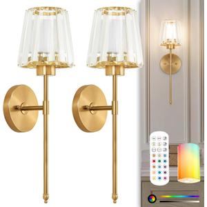 Gold Battery Operated Wall Sconces Set of 2 with Remote, Crystal Wireless Sconce with Rechargeable LED Magnetic Bulb, Dimmable 3CCT & 12 RGB Wall Lights for Bedroom, Living Room, Hallway, Staircase
