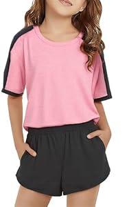 SELINK Girls Travel Outfits Set Rainbow Striped Two Piece Lounge Sets Casual Sweat Tracksuit Matching Runner Shorts Light Pink XXXL