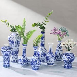 Hushee Set of 8 Small Blue and White Chinoiserie Vase Vintage Blue Ceramic Flower Vase Chinoiserie Decor for Home Table Decor Centerpieces Living Room Bookshelf(Vintage)