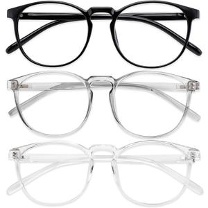 Przene 3 Pack Blue Light Blocking Glasses Women/Men,Retro Round Computer Glasses Anti Eye Strain/UV/Glare, Gaming Glasses. (Black/Crystal/Grey)