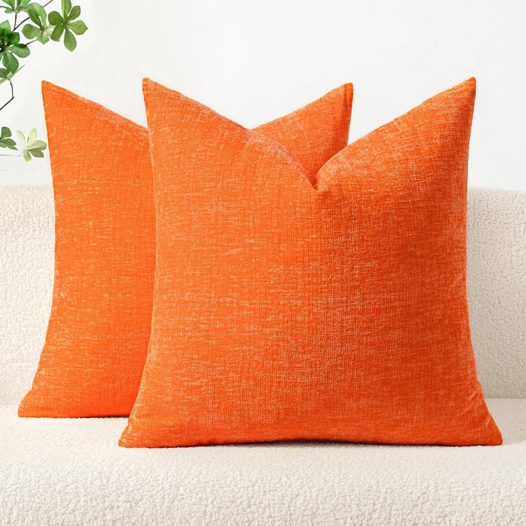 MIULEE Fall Pack of 2 Bright Orange Throw Pillow Covers 16x16 Inch Soft Chenille Pillow Covers for Sofa Living Room Couch Solid Dyed Cases