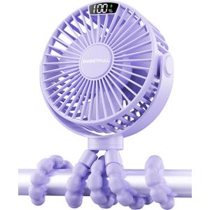 SWEETFULL Portable Stroller Fan with Display 4000mAh Battery Powered Mini Clip On Fan, 4-Speed Rechargeable Small Personal Cooling for Baby Car Seat Crib Travel - Purple