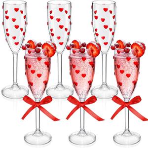 6 Pack Valentines Day Heart Shaped Champagne Flutes 6.5 oz Clear Red Hearts Plastic Champagne Flute Martini Glasses Cocktail Toasting Glasses Cups for Weddings Galentines Day Anniversary