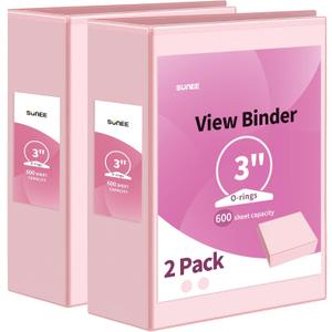 SUNEE 3 Ring Binder 3 Inch 2 Pack, Clear View Binder Three Ring PVC-Free (Fit 8.5x11 Inches) for School or Office Supplies, Pink