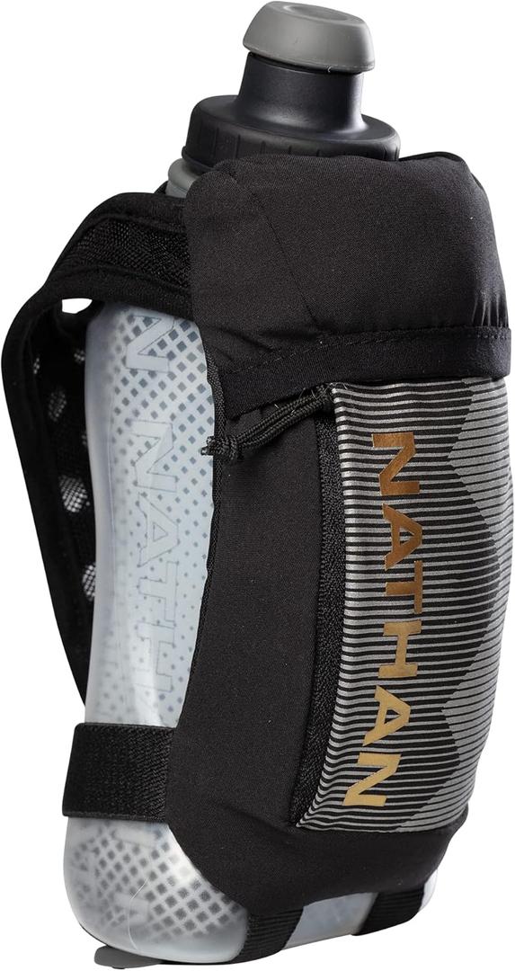 Nathan Running Handheld Quick Squeeze Water Bottle. No-Grip Adjustable Hand Strap. 12oz / 18oz / Insulated. Reflective Hydration Water Bottle. (12 Ounces, Black/Gold)