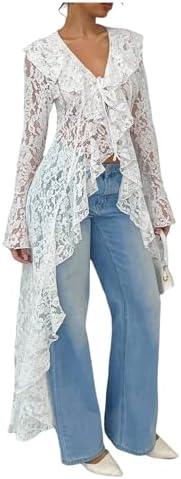 MakeMeChic Women's Floral Lace Tops Tie V Neck Blouse Long Sleeve Ruffle High Low Elegant Shirt, L