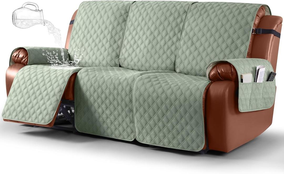 Ruaozz Waterproof Recliner Sofa Covers, 1-Piece Couch Covers for Reclining Couches Reclining Couch Cover Washable Furniture Protector with Elastic Straps Pocket for Kids Pets (Sage Green, 3 Seater)