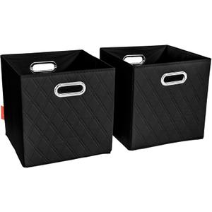 JIAessentials 11 inch Black Foldable Diamond Patterned Faux Leather Storage Cube Bins Set of Two with Handles for living room, bedroom and office storage