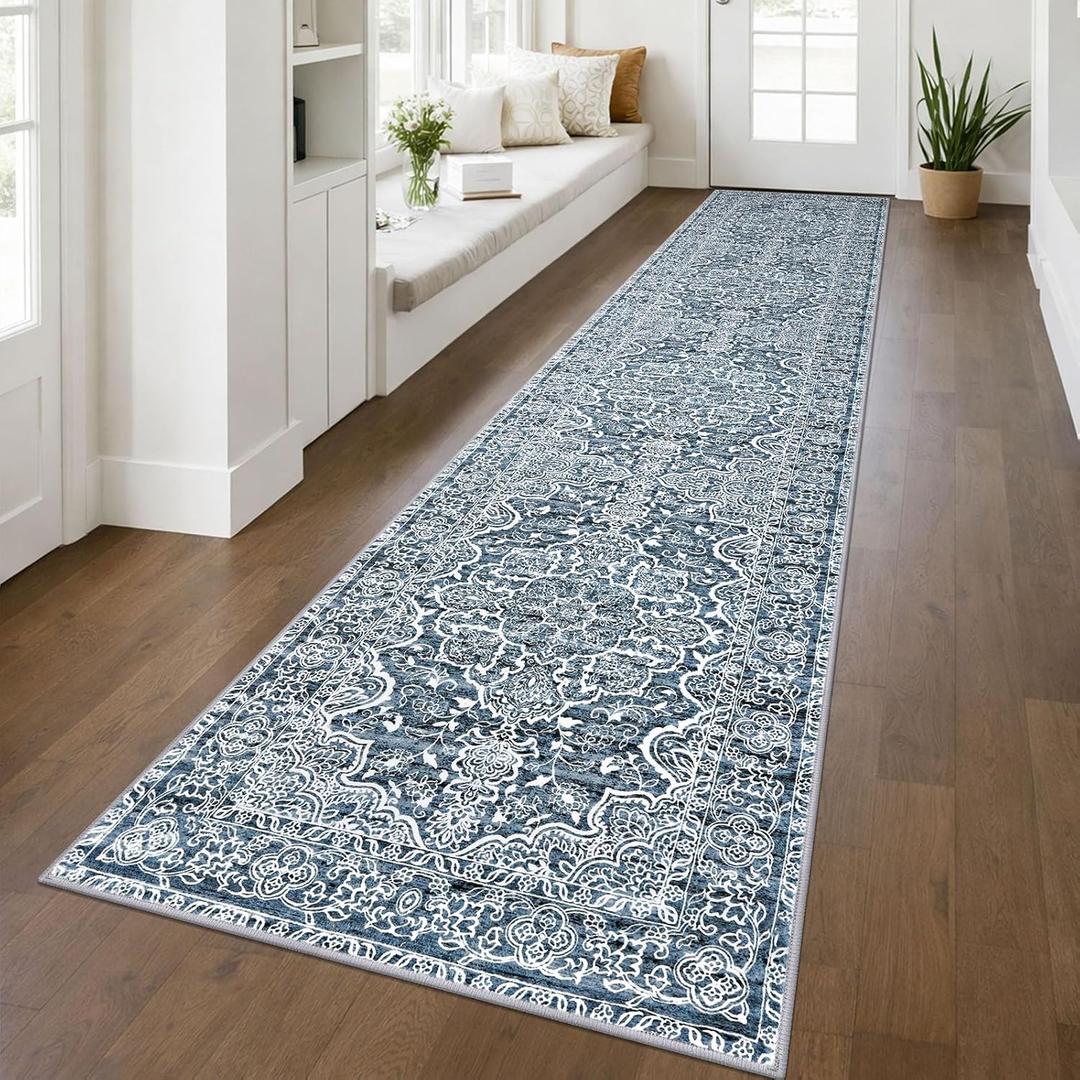 KUTA Vintage Floral Washable Runner Rug 2.6x12, Non-Slip Hallway Kitchen Rugs Blue White with Rubber Backing,Ultra Soft Printed Distressed Modern Extra Long 12ft Carpet Runners Indoor for Bedroom