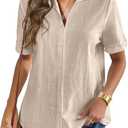 Zeagoo Women Linen Button Down Shirt Rolled Cuffed Short Sleeve Blouse Ladies Summer Casual V Neck Beach Cotton Tops (X-Large, D-light Khaki)