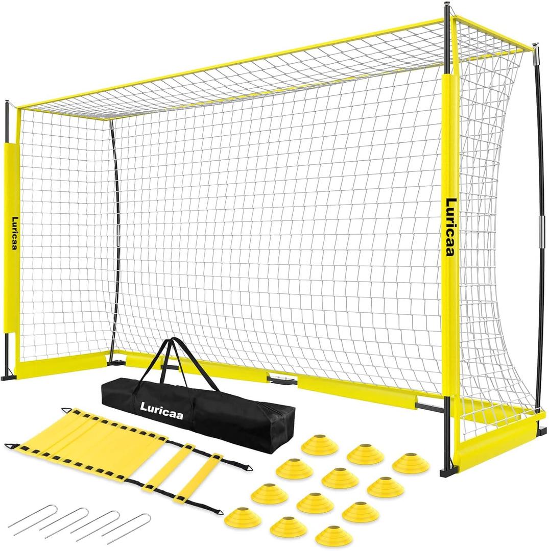 Collapsible Soccer Goal, 126 ft /64 ft Portable Soccer Goal Net for Backyard, Quick Setup Soccer Goals with 1 Carry Bag, 1 Agility Ladder, 4 Ground Nails,12 Training Cones (Yellow)