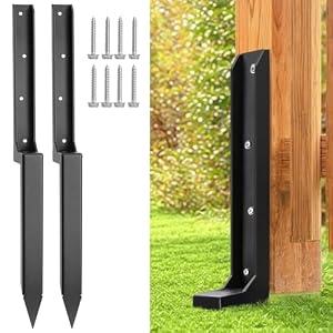 Fence Post Repair Stakes Kit – 1/ 8" Thickened Carbon Steel One-Piece Structure, Heavy Duty Ground Anchor Stake for Repairing or Reinforcing Broken/ Leaning Privacy Fence & Mailbox Post, Black, 2-Pack