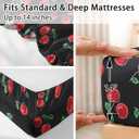 Queen Size Bed Sheet Sets, Red Black Cherry Fruit Soft Microfiber 4 Pcs Bedding Sets for Kids and Adults Bedroom Bed Decor, Retro Leaf Summer Flat, Fitted Sheet and 2 Pillowcases (Cherries)