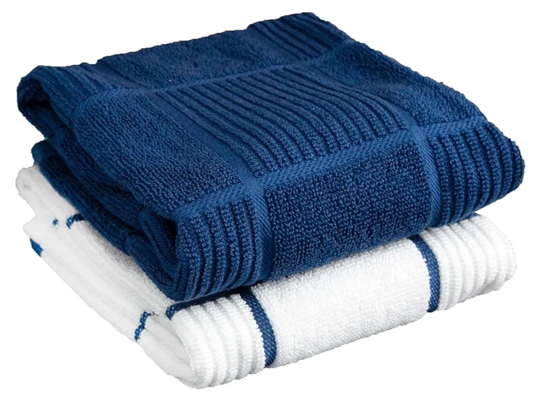 T-fal Solid & Checked Parquet Kitchen Towels: Highly Absorbent, Super Soft Long Lasting - 100% Cotton, 16"x26" Dish Towels for Cleaning & Drying Dishes, Pans, Glassware, or Countertops, (2-Pack), Blue