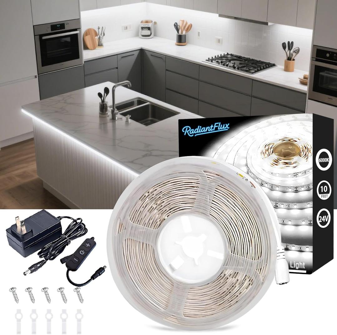 Under Cabinet Lighting Kit Small Led Strip Lights 10 ft White, Dimmable Flexible LED Lights Strip, 180 Leds, Super Bright LED Tape Rope Lights for for Kitchen Cabinets, Shelf, Desk, Counter