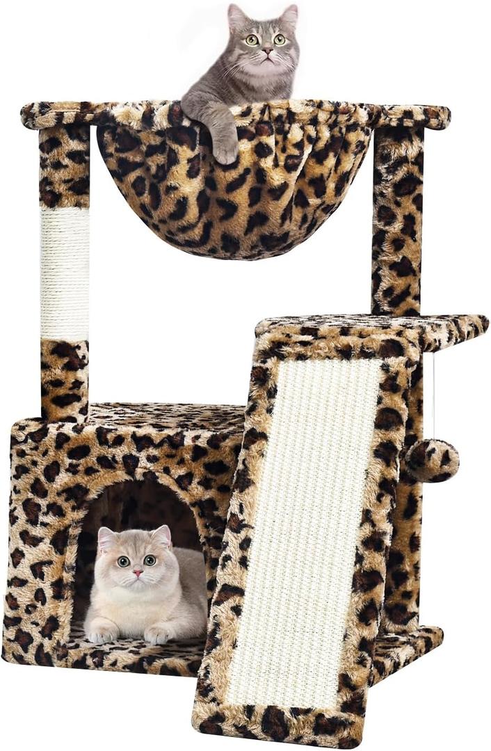 SYANDLVY Leopard Print Cat Tree for Indoor Cats, Small Cat Tower with Scratching Post & Board, Modern Activity House Condo with Cradle, Hanging Ball for Play, Kittens Cave