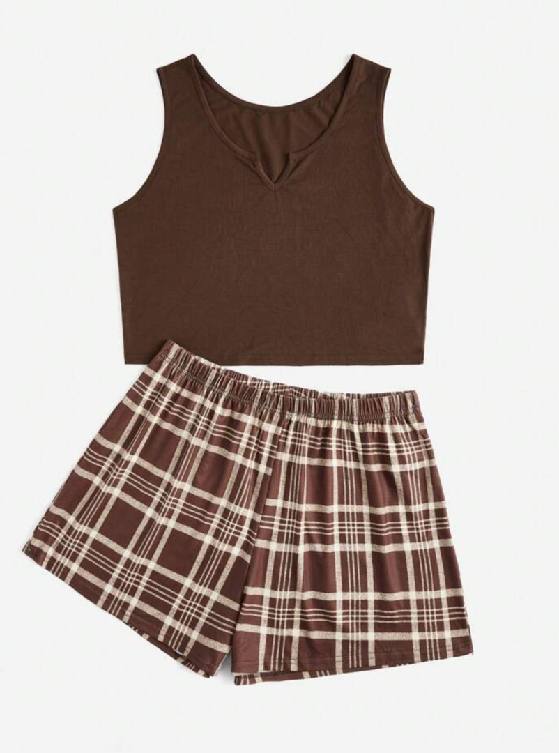 SOLY HUX Women's Pajama Sets 2 Piece Lounge Sets Button Tank Top and Plaid Shorts Sleepwear Brown Plaid Large