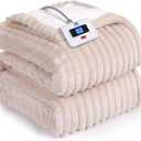 Sealy Electric Blanket Full Size, Soft Ribbed Flannel to Sherpa Reversible Heated Blanket with 10 Heat Settings & 112 Hours AutoOff Overheat Protection, Machine Washable, 72"x84" Beige