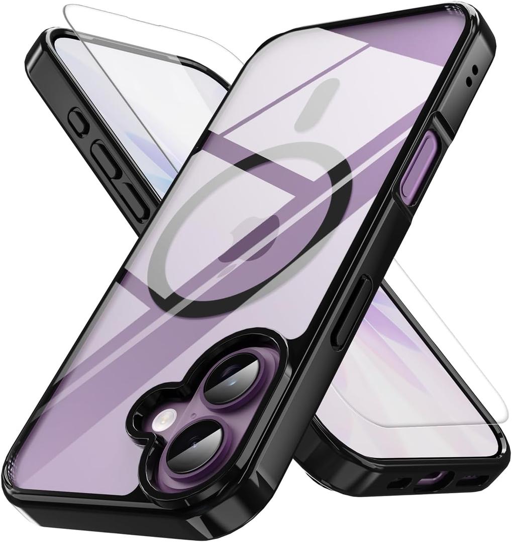 PinLiSheng Magnetic for iPhone 17 Case with 1 Screen Protector [Mil-Grade Drop Protection] [Compatible with ] Shockproof Slim Transparent Protective Phone Case, Clear Black