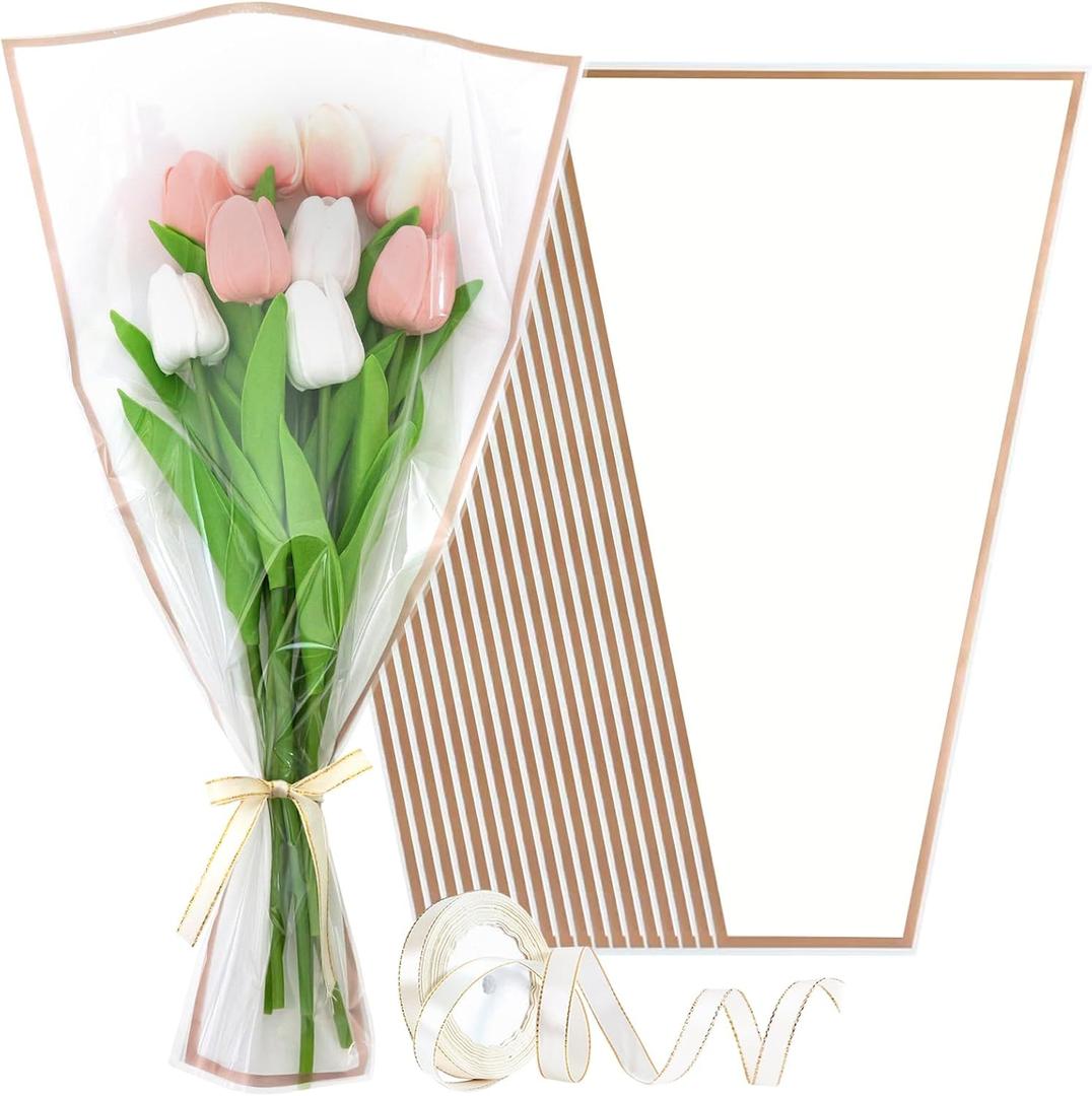 Wzifyf 50 PACK Flower Bags for Bouquets Flower Bouquet Holders White Floral Wrapping Paper flower Sleeves Build Your Own Bouquet Bar with 72 Ft Ribbons for Valentine's Day Packaging Supplies