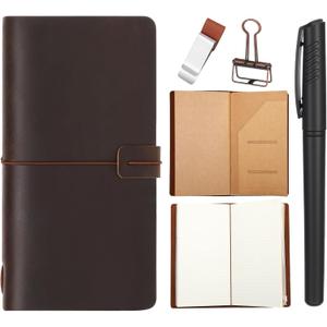 Thenshop Travelers Refillable Leather Journal Notebook Travel Diary Handmade Passport Travelers Journal for Men and Women with 3 Notebook Inserts, Pen Holder, Binder Clip(Dark Brown,Stand Size)