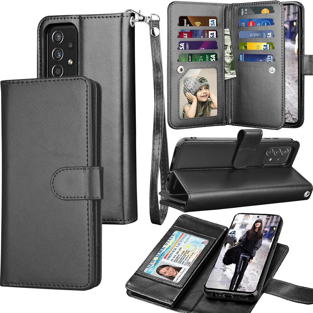 Galaxy A52 Case, Galaxy A52S 5G Wallet Case, Tekcoo Luxury PU Leather Cash Credit Card Slots Holder Carrying Folio Flip Cover [Detachable Magnetic Hard Case] Kickstand for Samsung A52 A52S [Black]