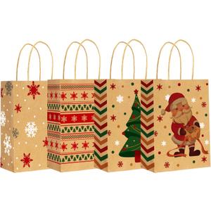 RACETOP 24 PCS Small Christmas Gift Bags With Handles, 4 Designs Xmas Kraft Paper Bags for Christmas Goody Bag, Party Favors (5.8 x 3.2 x 8.25) (1 Count (Pack of 24))