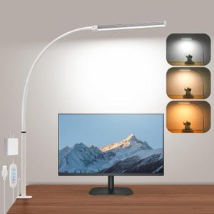 Led Desk Lamp for Home Office, Eye-Caring Desk Light with Clamp, Clip on Light for Reading, 3 Modes 10 Brightness, Flexible Goose-Neck, Memory Function, Study, Work, Draw, White