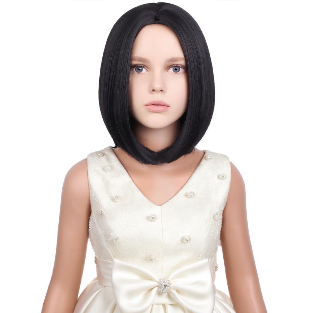 Kids Black Wigs Black Bob Wig Short Middle Part Wigs for Girls Child Daily Halloween Cosplay Synthetic Wigs