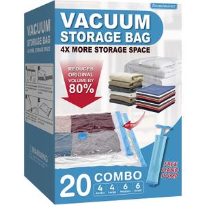 Roomimaster Vacuum Storage Bags, Vacuum Seal Space Saver Bags for Clothing, Travel Lugggage, Carry-on, Blankets, Comforters, Pillow, Bedding, 20 Combo
