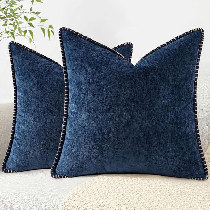 decorUhome Chenille Soft Throw Pillow Covers 20x20 Set of 2, Farmhouse Velvet Neutral Decorative Euro Pillow Covers with Stitched Edge for Couch Sofa Bed Home Decor, Blue
