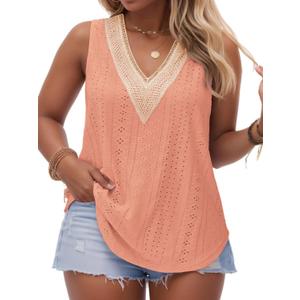 VISLILY Women's-Plus-Size-Summer-Tank-Tops Lace Trim Deep V Neck Shirts Cute Sleeveless Tunics Trendy Eyelet Blouses XL-5XL (Orange, XXL)