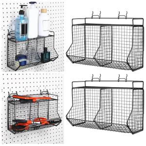 Huwena 2 Pcs Tiered Pegboard Baskets Bins Set with 4 Hooks Black Pegboard Parts Storage System Metal Garage Tool Organizer for Workbench Bathroom Kitchen Accessory Storage(2 Grid,Black)