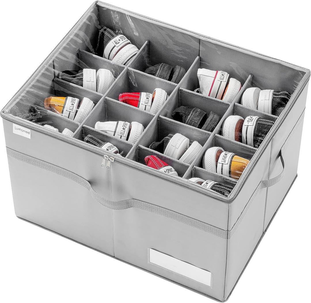 Shoe Organizer for Closet, Fits 16 Pairs, Large Shoe Box Storage Containers, Clear Foldable Shoe Storage Bins w/Bottom Support, Space Saving Shoes Holder w/Reinforced Handles, Gray (Grey)