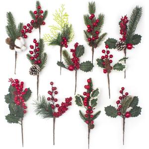 Grunyia 12 Kinds Artificial Christmas Picks - Assorted Red Berry Picks, Faux Pine Picks Spray with Pinecones & Holly Leaves for Stunning Floral Arrangement & Wreath Winter Holiday Season Decor