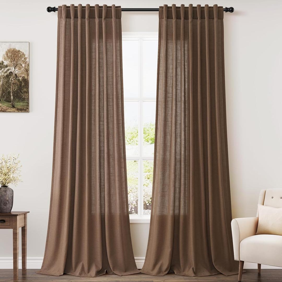 Extra Long Curtains 2 Panels 102 Inches Long for Dinning Room Caramel Brown Back Tab Rod Pocket Light Filtering Semi Sheer Drapes Cotton Linen Textured Window Curtain 102 Inch Length for Bedroom