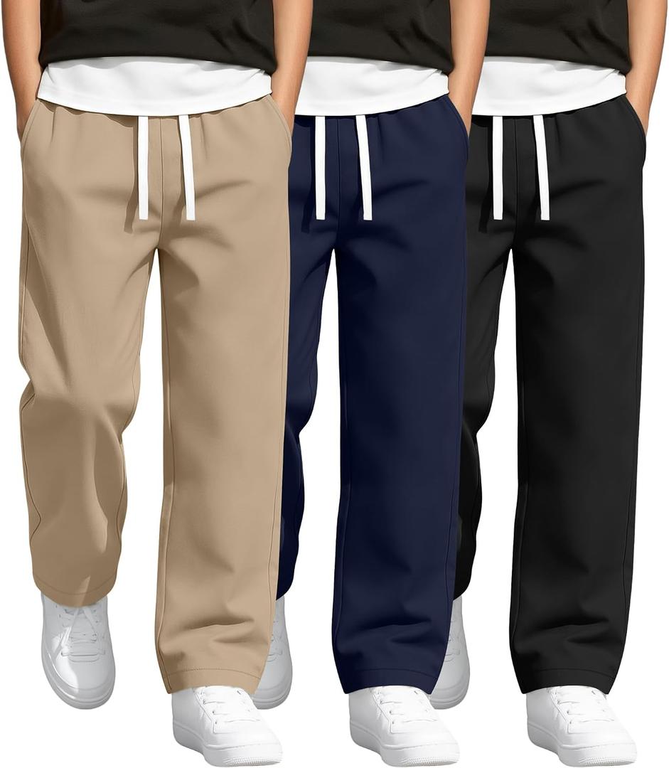 Oakgarden 3 Pack Boys' School Uniform Pants Cotton Straight Leg Trousers Casual Drawstring Pants with Pockets (8-9 Years,Light Khaki, Navy Blue, Black)